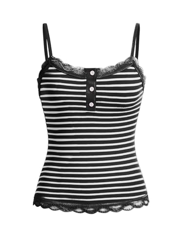 SOLY HUX Women's Striped Lace Trim Cami Crop Top Button Front